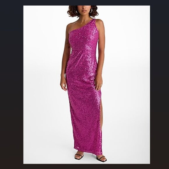 NWT Express Sequin One Shoulder Formal Maxi Dress, Berry Pink, XL - Picture 1 of 4